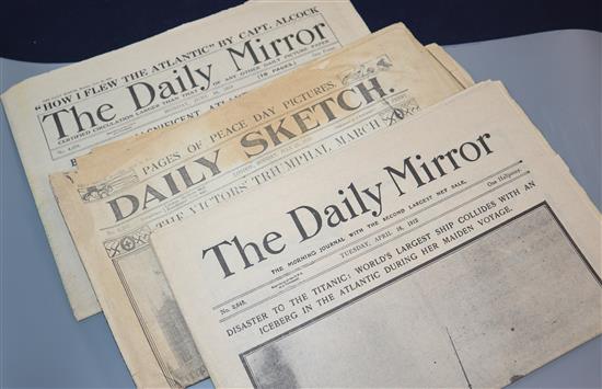 A collection of early to mid-20th century newspapers, including The Daily Mirror Disaster to the Titanic, April 16, 1912